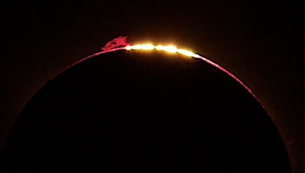 Gros plan du bord lunaire avec des points lumineux des grains de Baily et une protubérance rouge